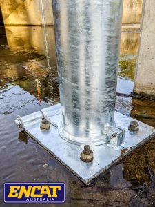 Collapsible bollard for culvert debris control ENCAT Collapsible Bollard for Culvert Debris Control Structures base close up