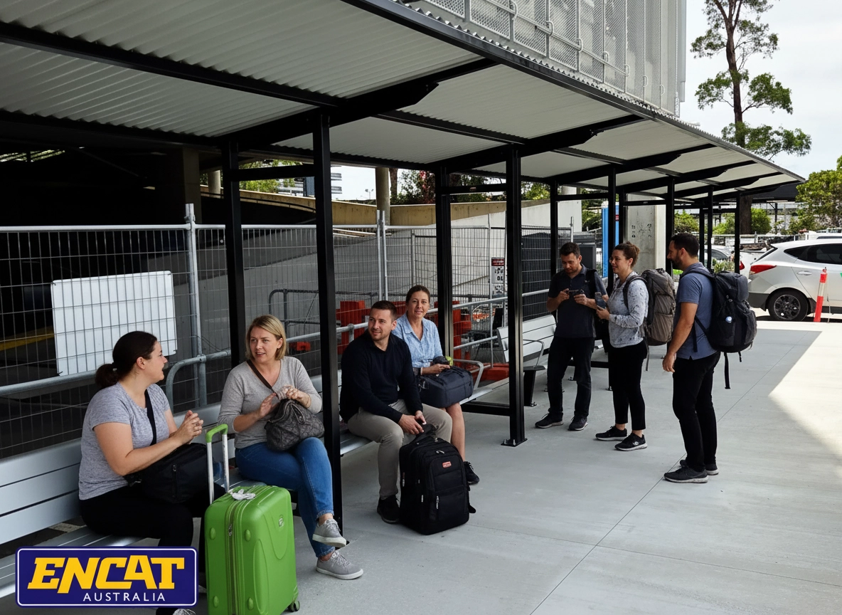 People waiting at a bus shelter in Sydney Airport