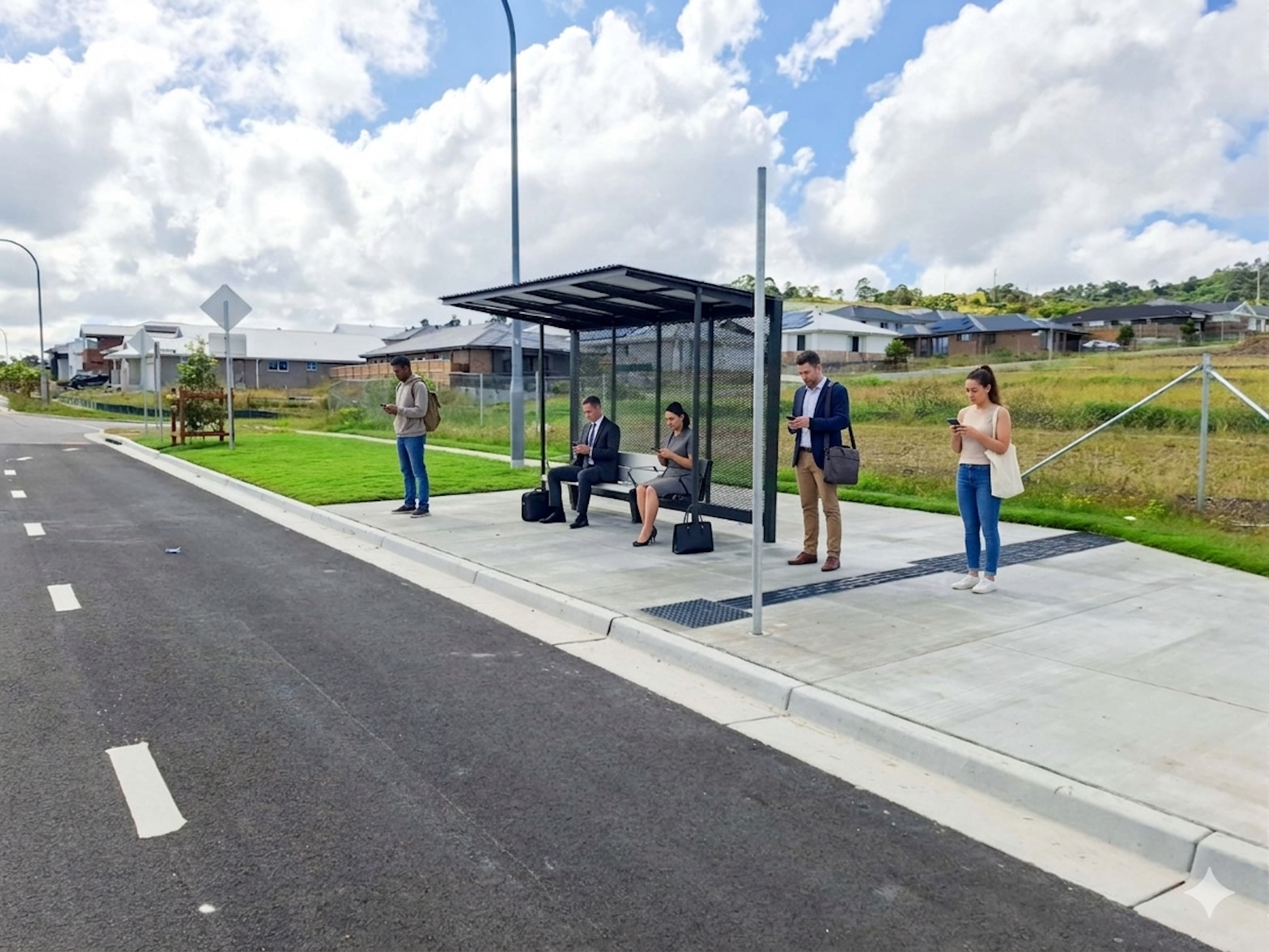 People waiting at a bus stop shelter designed and built by ENCAT in NSW